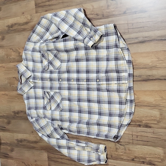 TIMBERLAND GRAY YELLOW PLAID ROLL TAB COTTON WESTERN BUTTON DOWN BUTTON SHIRT - Picture 3 of 15